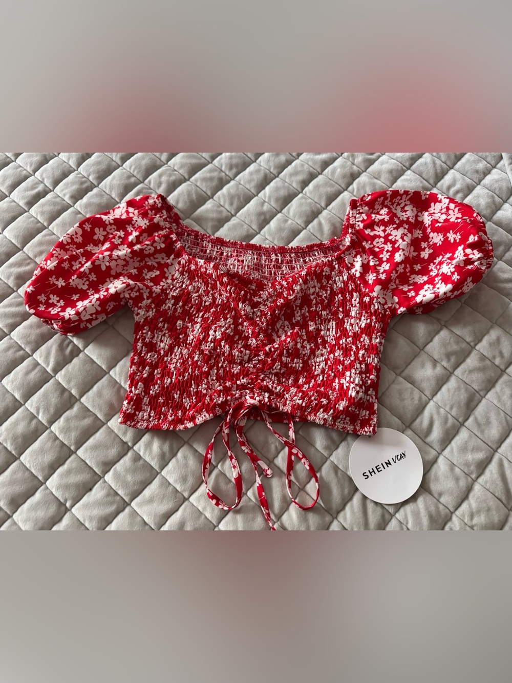 SHEIN Red and White Floral Smocked Tie-Front Crop Top